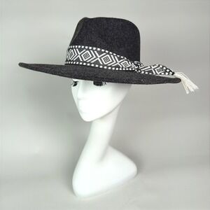 Dark Grey Felt Wide Brim Hat Geometric Pattern Band Tassels